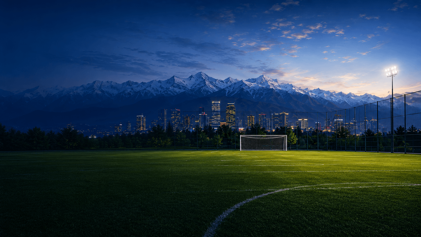 Football pitch with mountains in the background